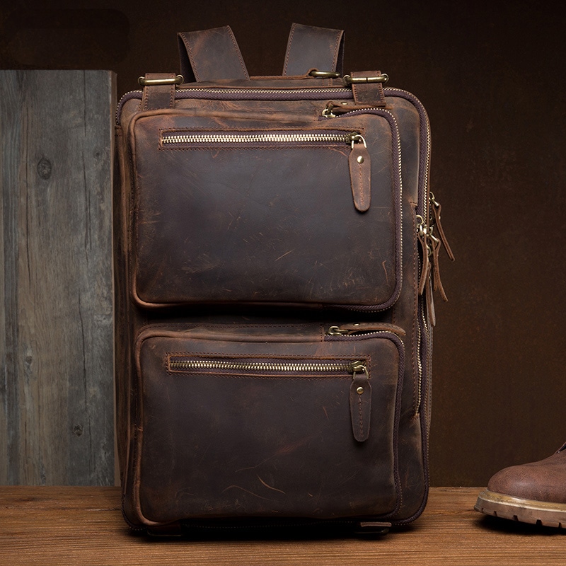 復古の手の遅い時間狂った馬の皮ランドセル男の人の真皮の手を提げて頭を包みます牛革の皮のリュックサック層コンピュータのバッグ