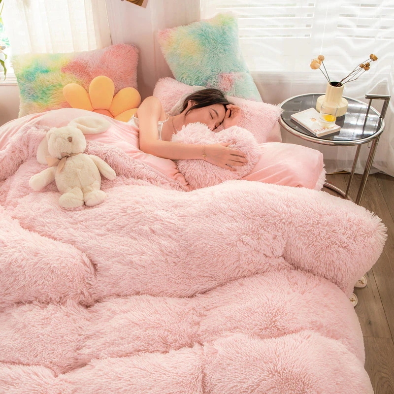 韓国ファッション冬 厚手保温ミンクダウン4点セット布団カバー 可愛い 柔らかコーラルフリース裏起毛布団カバー