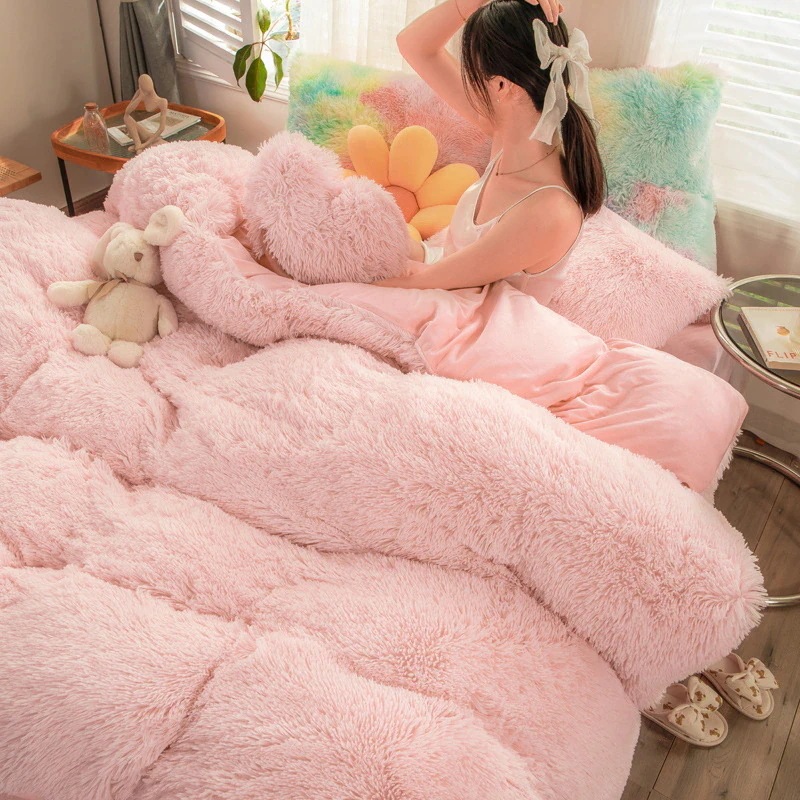 韓国ファッション冬 厚手保温ミンクダウン4点セット布団カバー 可愛い 柔らかコーラルフリース裏起毛布団カバー