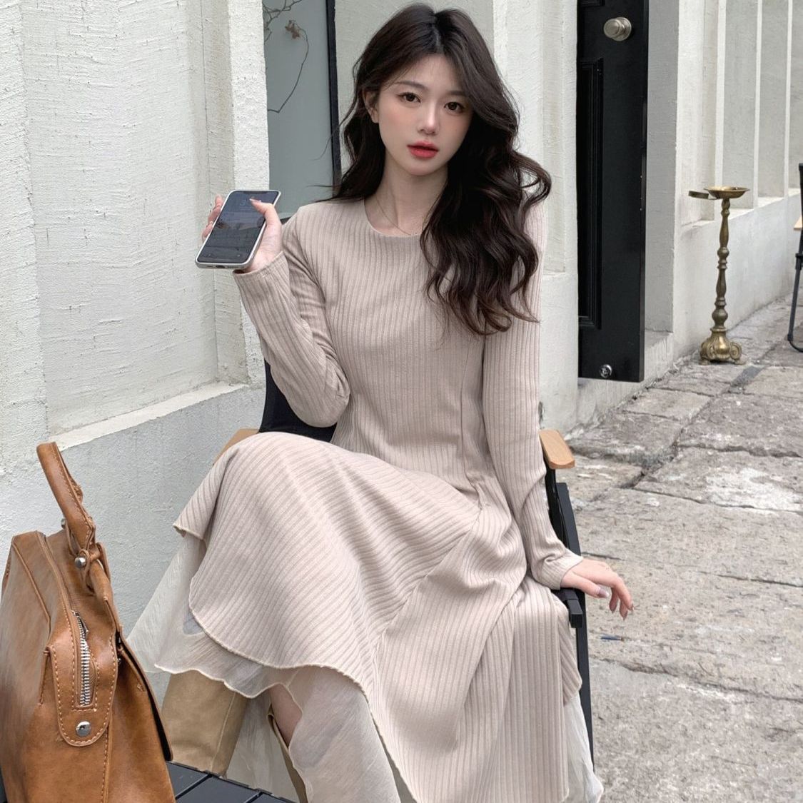 韓国ファッション春秋大きいサイズニットワンピースイレギュラーメッシュワンピース長袖ロングワンピース
