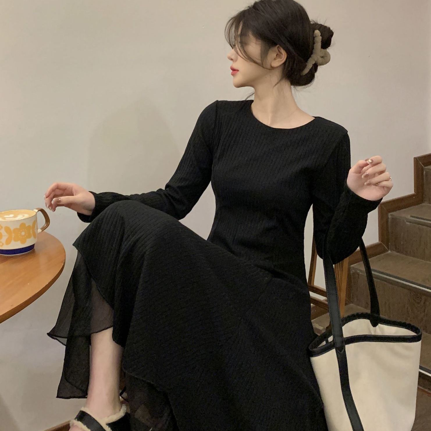 韓国ファッション春秋大きいサイズニットワンピースイレギュラーメッシュワンピース長袖ロングワンピース