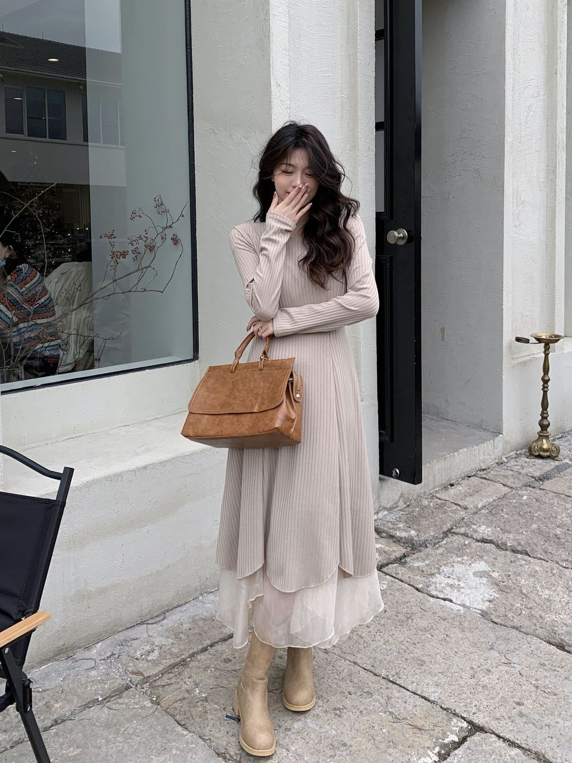 韓国ファッション春秋大きいサイズニットワンピースイレギュラーメッシュワンピース長袖ロングワンピース