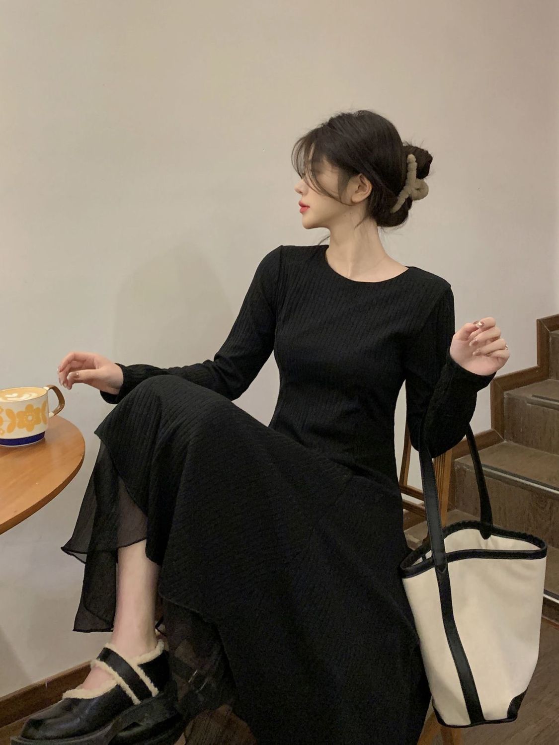 韓国ファッション春秋大きいサイズニットワンピースイレギュラーメッシュワンピース長袖ロングワンピース