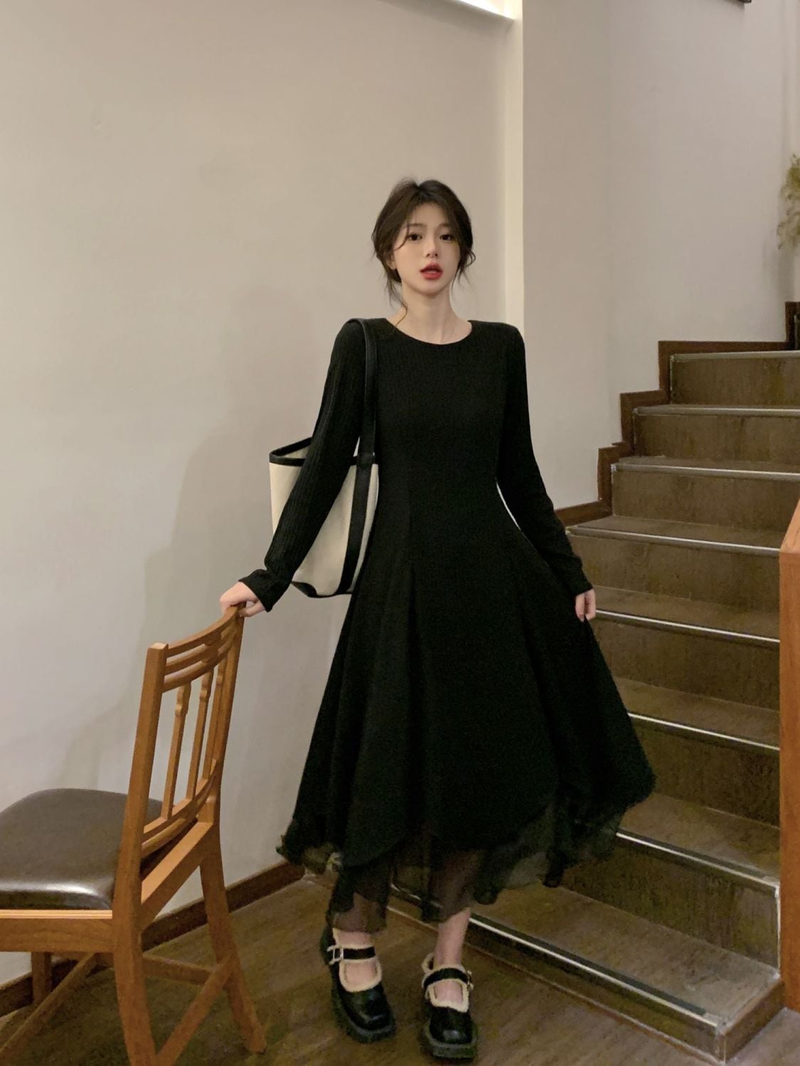 韓国ファッション春秋大きいサイズニットワンピースイレギュラーメッシュワンピース長袖ロングワンピース