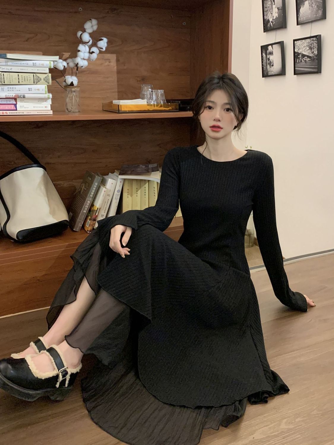 韓国ファッション春秋大きいサイズニットワンピースイレギュラーメッシュワンピース長袖ロングワンピース