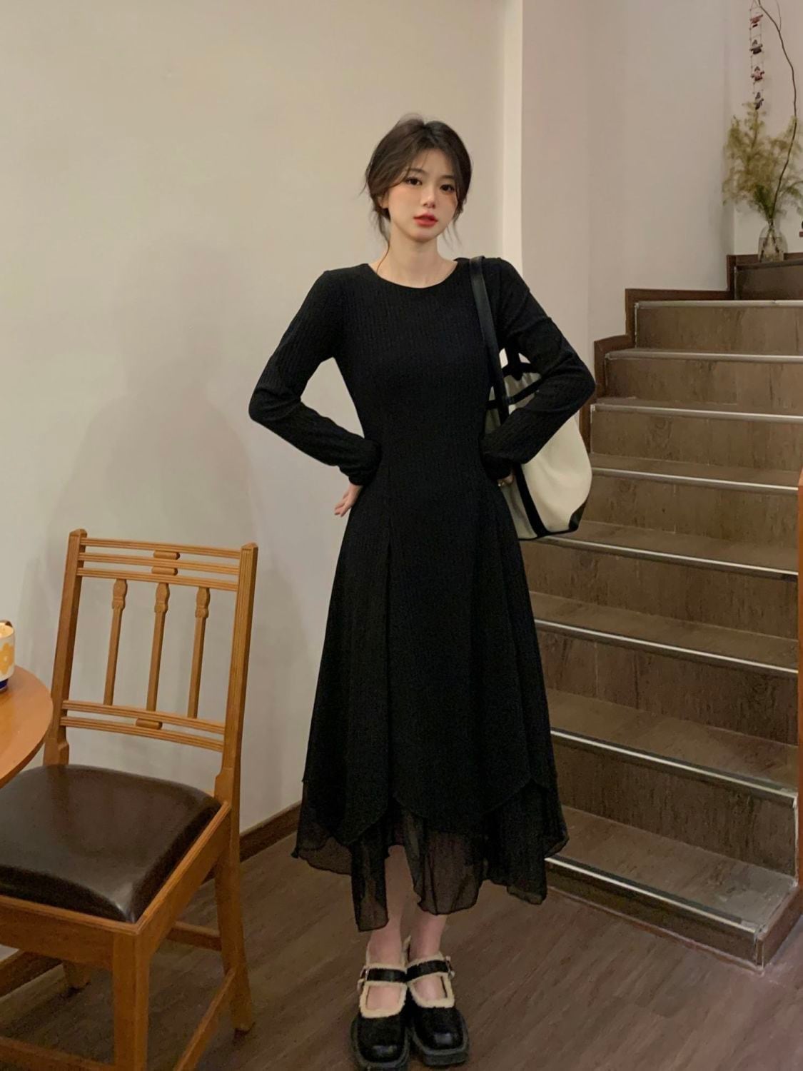 韓国ファッション春秋大きいサイズニットワンピースイレギュラーメッシュワンピース長袖ロングワンピース