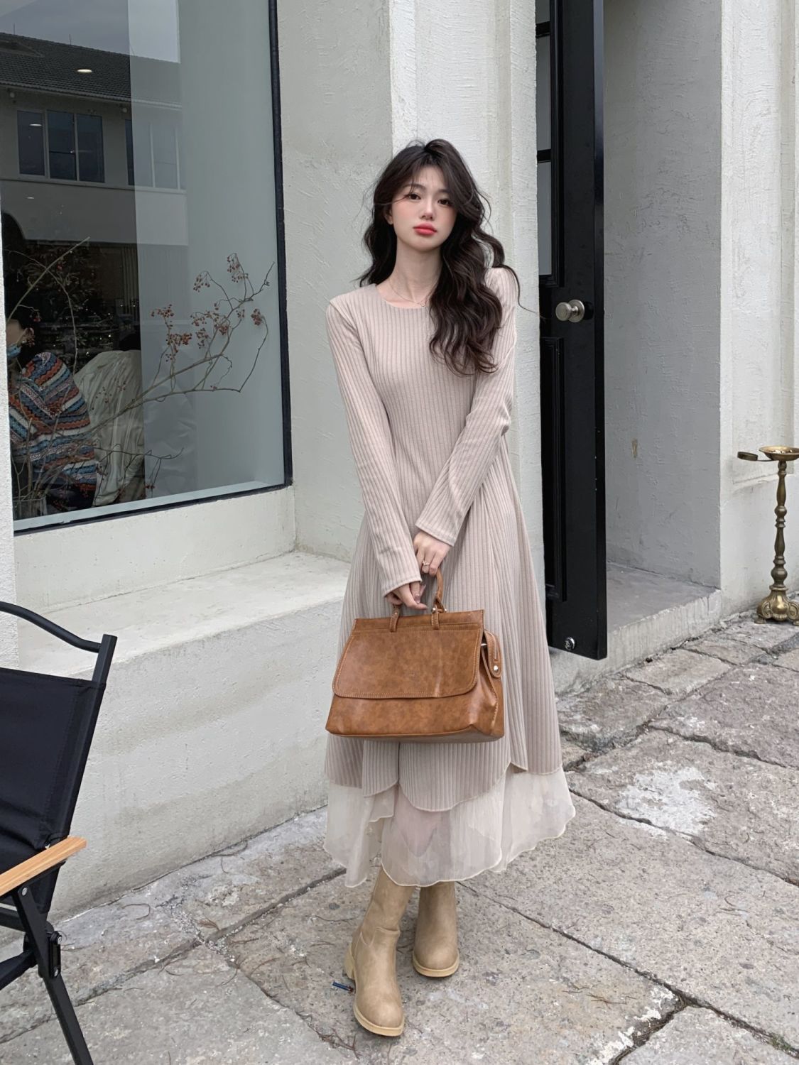 韓国ファッション春秋大きいサイズニットワンピースイレギュラーメッシュワンピース長袖ロングワンピース