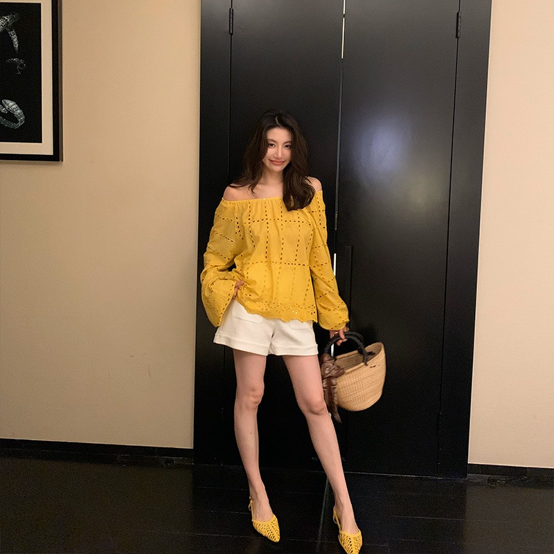 単独で味avor】黄色のミストアイリスロングスリーブシャツオフショルダートップj068 単独で味avor】黄色のミストアイリスロングスリーブシャツオフショルダートップj068