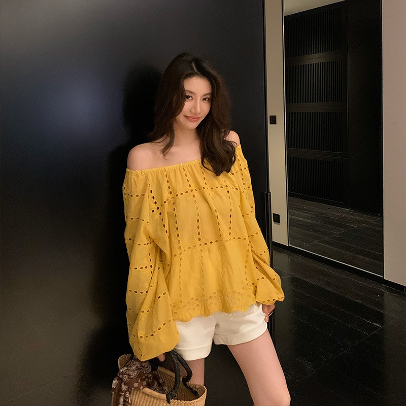 単独で味avor】黄色のミストアイリスロングスリーブシャツオフショルダートップj068 単独で味avor】黄色のミストアイリスロングスリーブシャツオフショルダートップj068