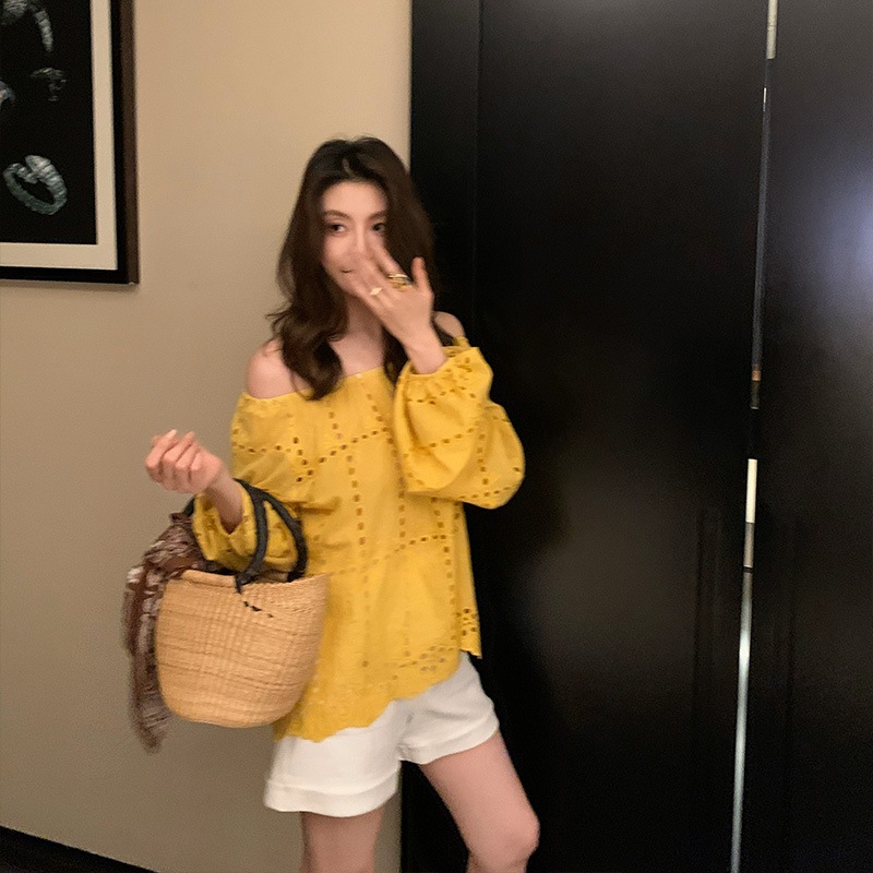 単独で味avor】黄色のミストアイリスロングスリーブシャツオフショルダートップj068 単独で味avor】黄色のミストアイリスロングスリーブシャツオフショルダートップj068