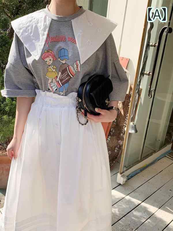 Tシャツ ブラウス 女の子 イラスト ビッグカラー レトロ ホーンスリーブ 大きめ ロングスカート 透け感 ギャザー 韓国系 セットアップ レディース 可愛い 白 ベージュ グレー ナチュラル 森ガー Tシャツ ブラウス 女の子 イラスト ビッグカラー レトロ ホーンスリーブ 大きめ ロングスカート 透け感 ギャザー 韓国系 セットアップ レディース 可愛い 白 ベージュ グレー ナチュラル 森ガー