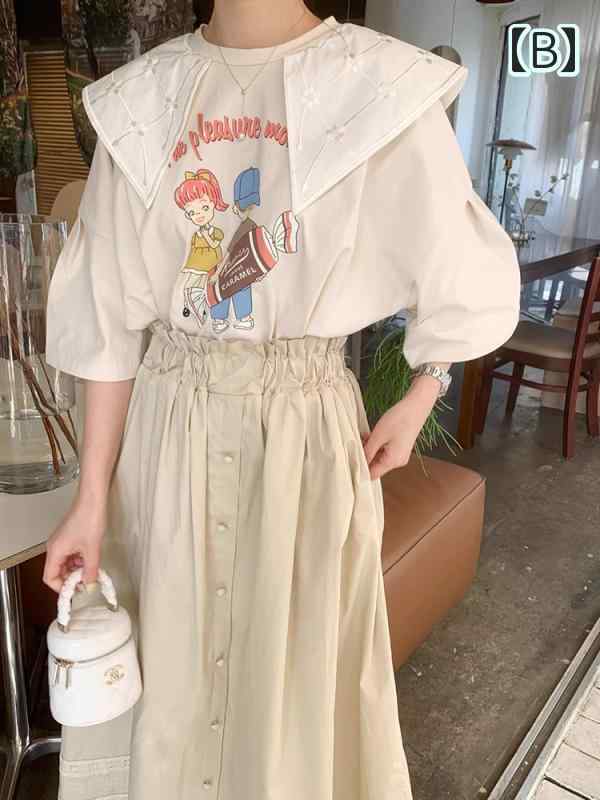 Tシャツ ブラウス 女の子 イラスト ビッグカラー レトロ ホーンスリーブ 大きめ ロングスカート 透け感 ギャザー 韓国系 セットアップ レディース 可愛い 白 ベージュ グレー ナチュラル 森ガー Tシャツ ブラウス 女の子 イラスト ビッグカラー レトロ ホーンスリーブ 大きめ ロングスカート 透け感 ギャザー 韓国系 セットアップ レディース 可愛い 白 ベージュ グレー ナチュラル 森ガー