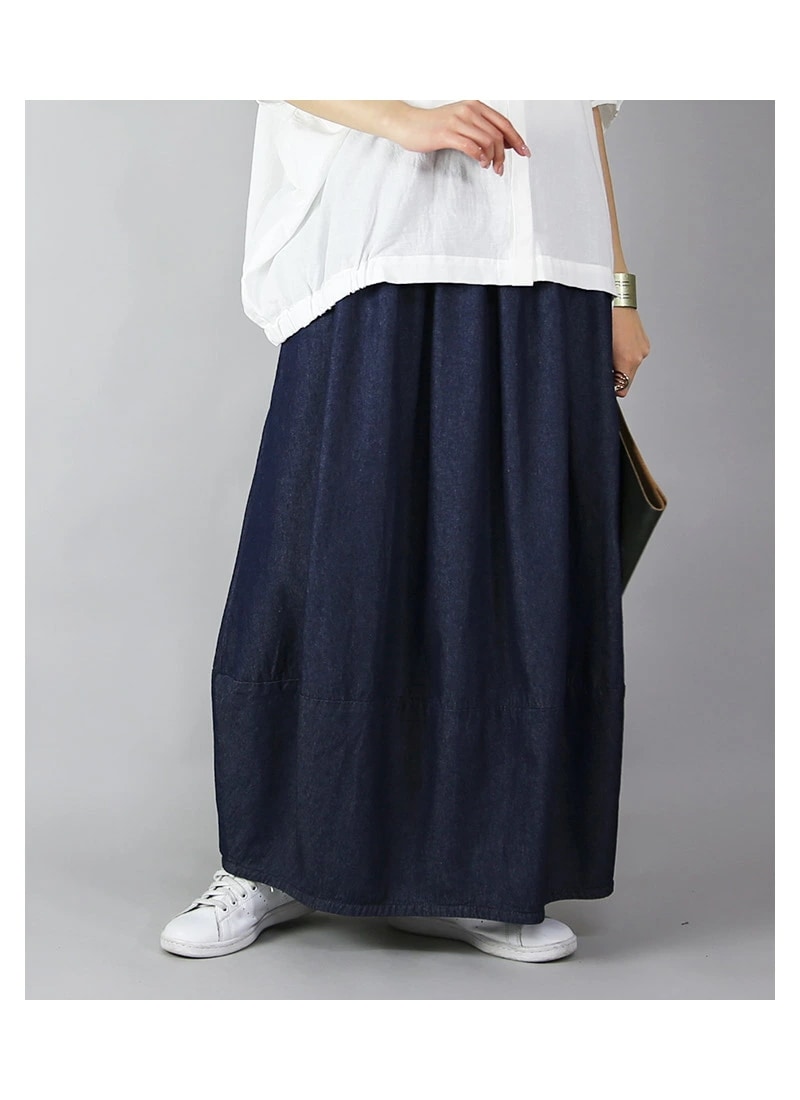 バルーンシルエットライトデニムロングスカート スカート レディース ロング丈 綿100％ コットン バルーンスカート バルーン ロング ロングスカート ウエストゴム 楽ちん 大人可愛い 上品 デニムス