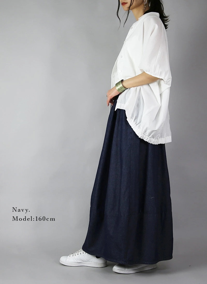 バルーンシルエットライトデニムロングスカート スカート レディース ロング丈 綿100％ コットン バルーンスカート バルーン ロング ロングスカート ウエストゴム 楽ちん 大人可愛い 上品 デニムス