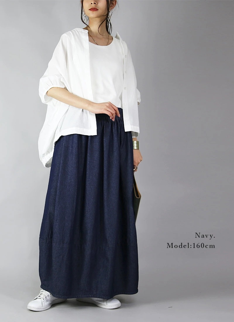 バルーンシルエットライトデニムロングスカート スカート レディース ロング丈 綿100％ コットン バルーンスカート バルーン ロング ロングスカート ウエストゴム 楽ちん 大人可愛い 上品 デニムス