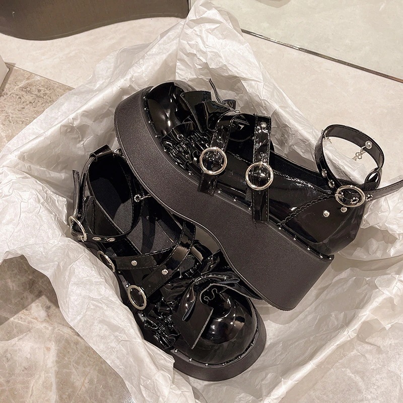 英国調メアリージェーンローファー レトロ厚底 リボン付き 3cm台 ブラック/ブラウン 英国調メアリージェーンローファー レトロ厚底 リボン付き 3cm台 ブラック/ブラウン