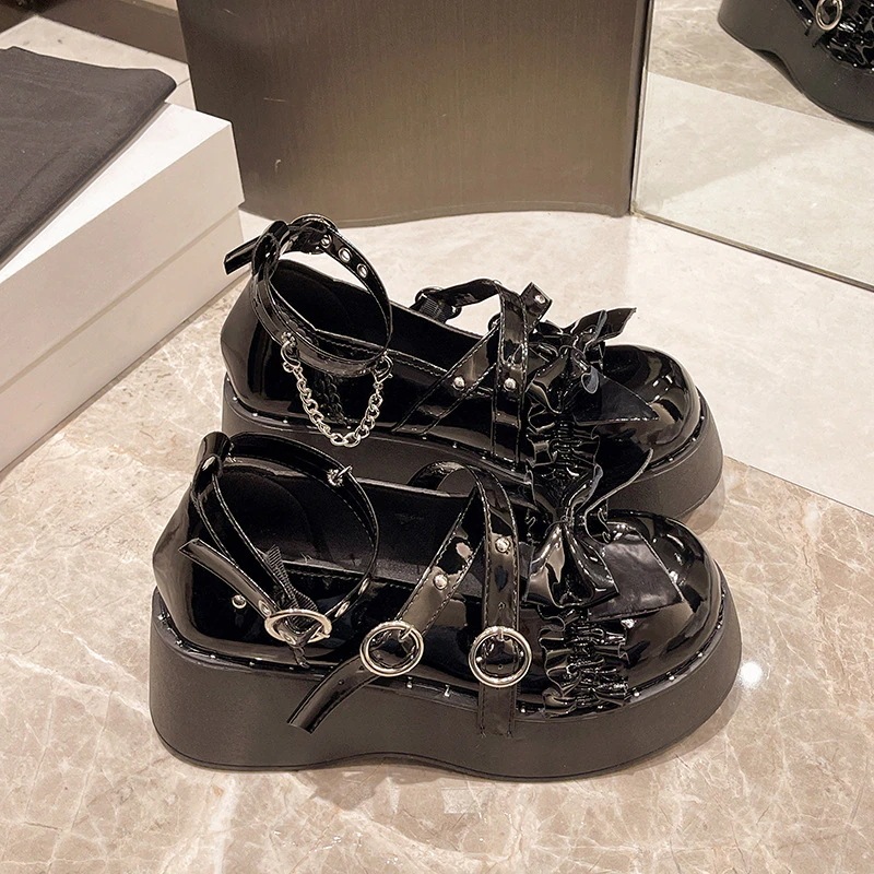 英国調メアリージェーンローファー レトロ厚底 リボン付き 3cm台 ブラック/ブラウン 英国調メアリージェーンローファー レトロ厚底 リボン付き 3cm台 ブラック/ブラウン