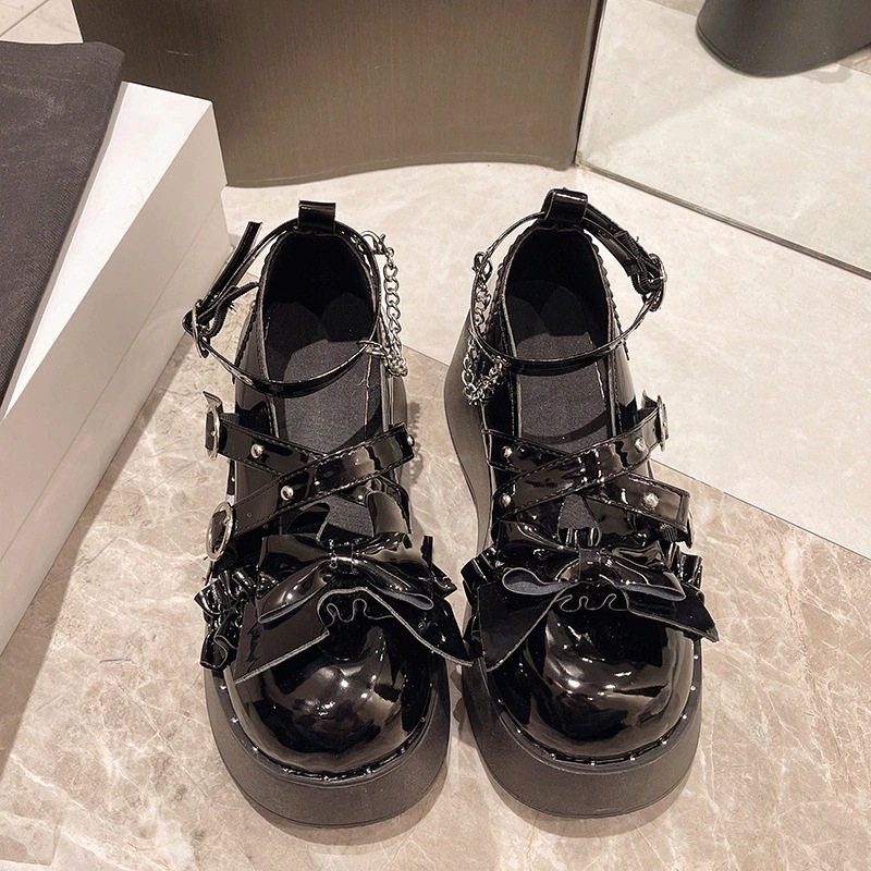 英国調メアリージェーンローファー レトロ厚底 リボン付き 3cm台 ブラック/ブラウン 英国調メアリージェーンローファー レトロ厚底 リボン付き 3cm台 ブラック/ブラウン