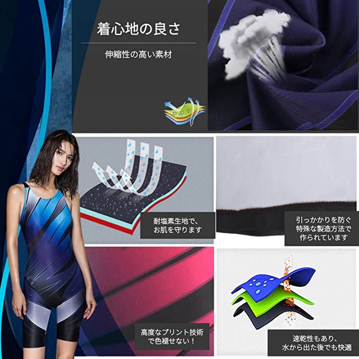 競泳水着 レディース ハーフスパッツ ハーフスーツ 練習用 スリム フィット(ブルー系, XXXLサ