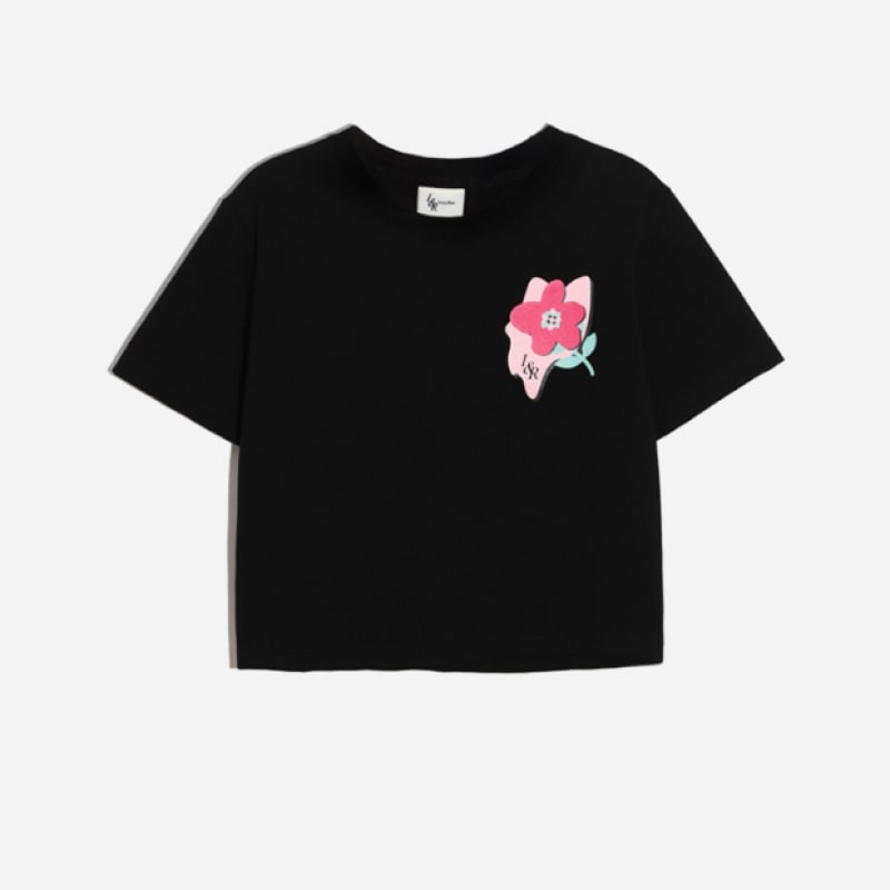 LOSSYROW フラワークロップハーフスリーブ T シャツブラック LOSSYROW フラワークロップハーフスリーブ T シャツブラック