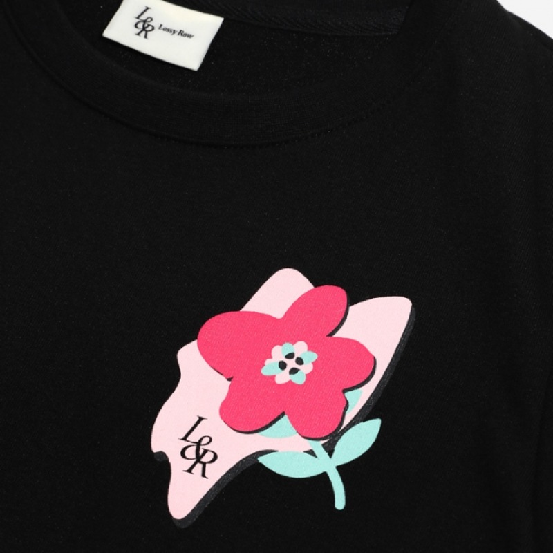 LOSSYROW フラワークロップハーフスリーブ T シャツブラック LOSSYROW フラワークロップハーフスリーブ T シャツブラック