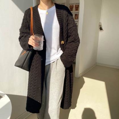 トップス カーディガン ロング丈 袖付き 長袖 襟なし Vネック 前開き もこもこ ニット かわいい