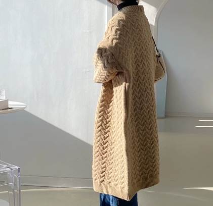 トップス カーディガン ロング丈 袖付き 長袖 襟なし Vネック 前開き もこもこ ニット かわいい