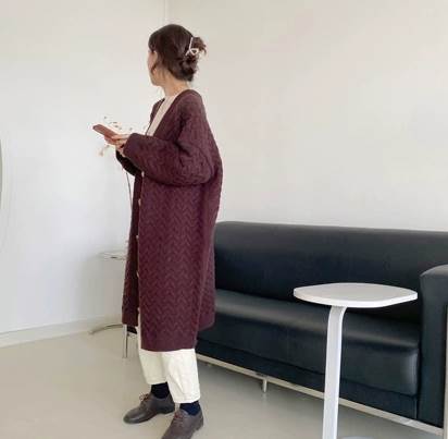 トップス カーディガン ロング丈 袖付き 長袖 襟なし Vネック 前開き もこもこ ニット かわいい
