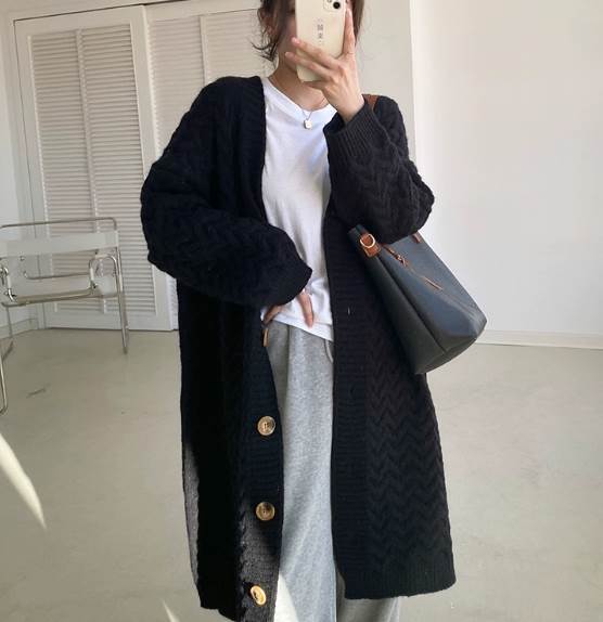 トップス カーディガン ロング丈 袖付き 長袖 襟なし Vネック 前開き もこもこ ニット かわいい