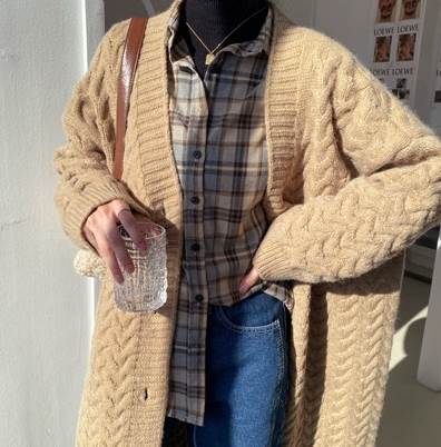 トップス カーディガン ロング丈 袖付き 長袖 襟なし Vネック 前開き もこもこ ニット かわいい