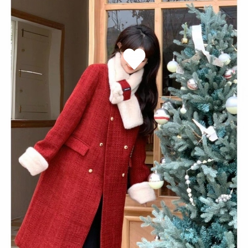 クリスマスの雰囲気と赤いデザインの女性用ミドル丈ジャケット 23