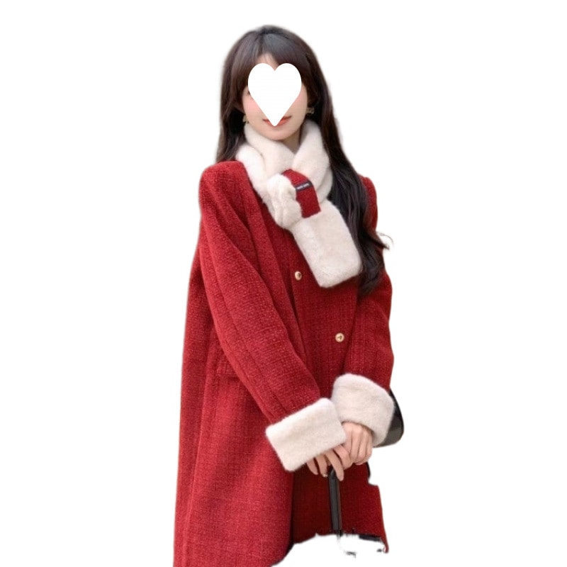 クリスマスの雰囲気と赤いデザインの女性用ミドル丈ジャケット 23