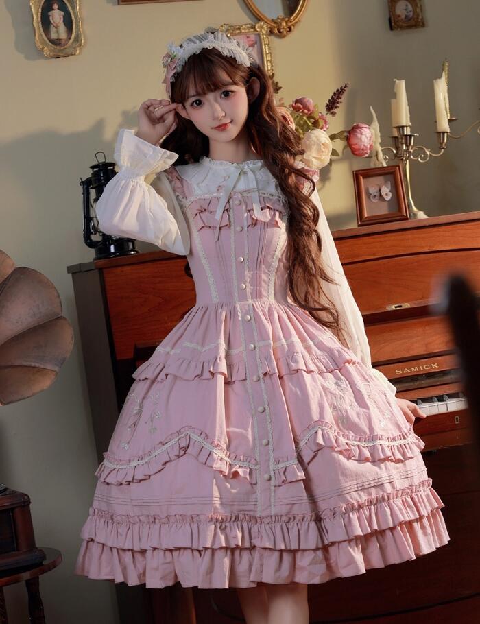 ロリータ フリル レース ジャンパースカート ジャンスカ ワンピース ドレス 華やか お花 かわいい 萌え ゆめかわいい クラシカル ロリータ クラロリ 甘ロリ ロリータファッション レディース 衣装