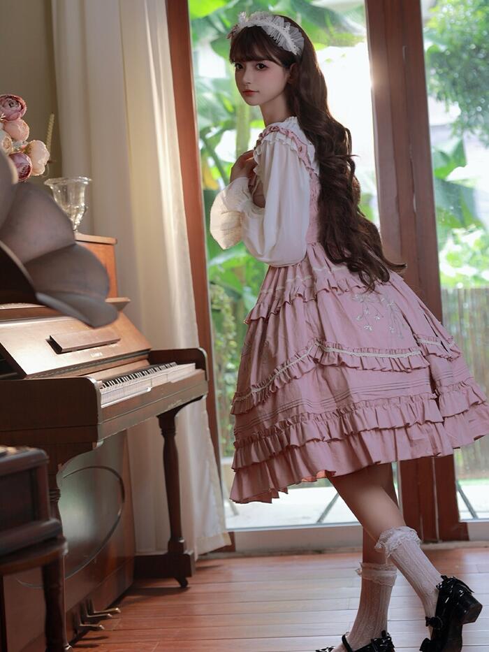 ロリータ フリル レース ジャンパースカート ジャンスカ ワンピース ドレス 華やか お花 かわいい 萌え ゆめかわいい クラシカル ロリータ クラロリ 甘ロリ ロリータファッション レディース 衣装