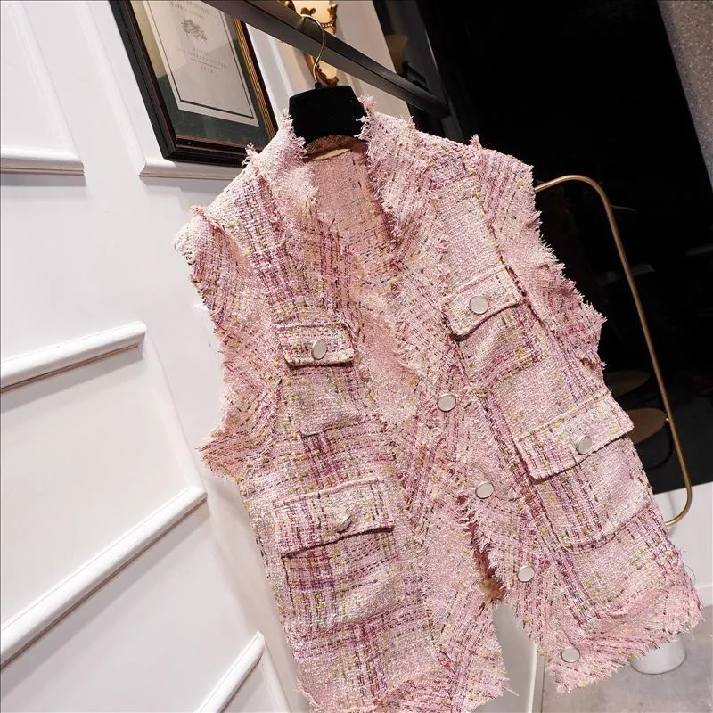 レディース ベスト ツイードベスト ミドル丈 ノーカラー ポケット フラットボタン フリンジ レディース ベスト ツイードベスト ミドル丈 ノーカラー ポケット フラットボタン フリンジ