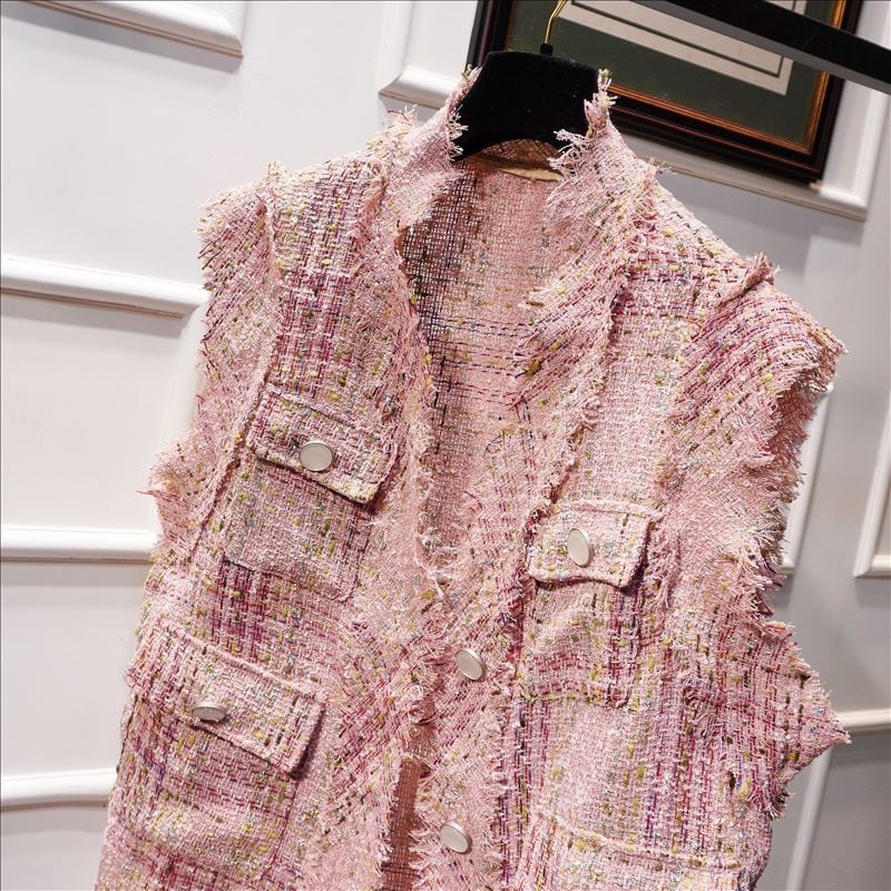 レディース ベスト ツイードベスト ミドル丈 ノーカラー ポケット フラットボタン フリンジ レディース ベスト ツイードベスト ミドル丈 ノーカラー ポケット フラットボタン フリンジ