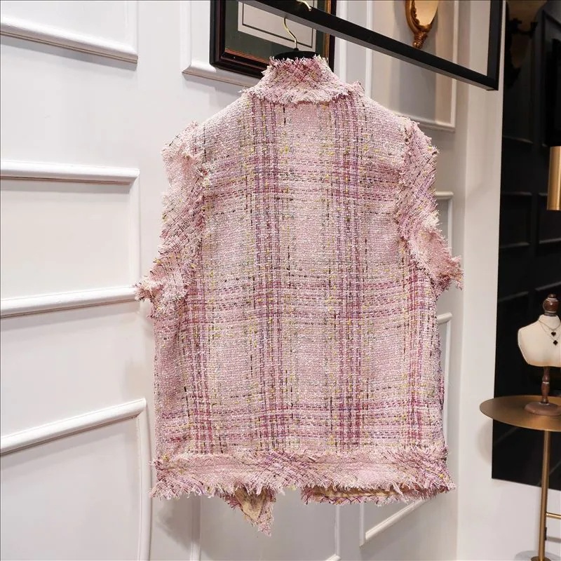 レディース ベスト ツイードベスト ミドル丈 ノーカラー ポケット フラットボタン フリンジ レディース ベスト ツイードベスト ミドル丈 ノーカラー ポケット フラットボタン フリンジ