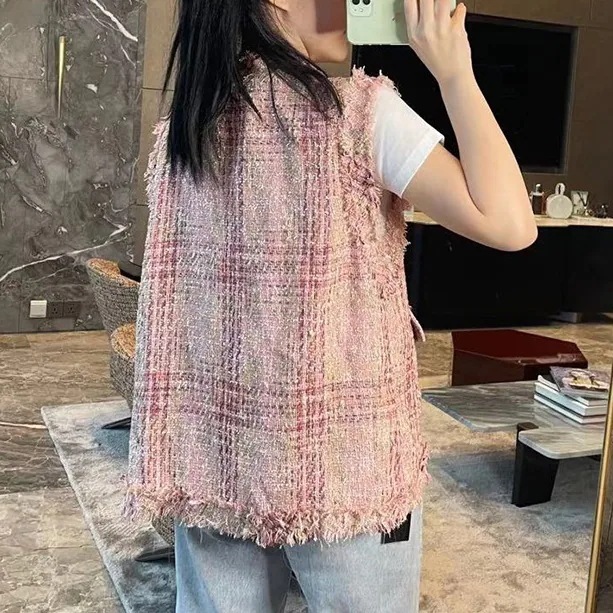 レディース ベスト ツイードベスト ミドル丈 ノーカラー ポケット フラットボタン フリンジ レディース ベスト ツイードベスト ミドル丈 ノーカラー ポケット フラットボタン フリンジ