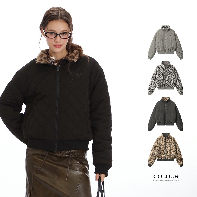 ショート丈の綿入れジャケット綿入れ女性のゆったりとしたファッションヒョウ柄セットアップ けいかあつだんぼう