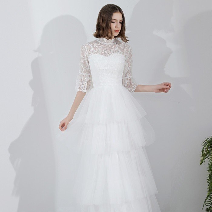 パーティードレス ロングドレス ウェティグドレス 結婚式 Aラインドレス 安い 大きいサイズ 二次会 海外挙式 花嫁 ドレス エンパイア　袖あり　前撮り