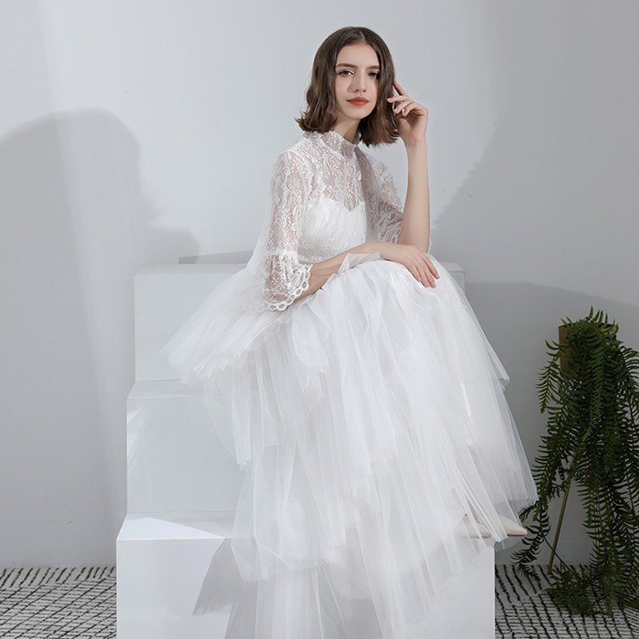 パーティードレス ロングドレス ウェティグドレス 結婚式 Aラインドレス 安い 大きいサイズ 二次会 海外挙式 花嫁 ドレス エンパイア　袖あり　前撮り