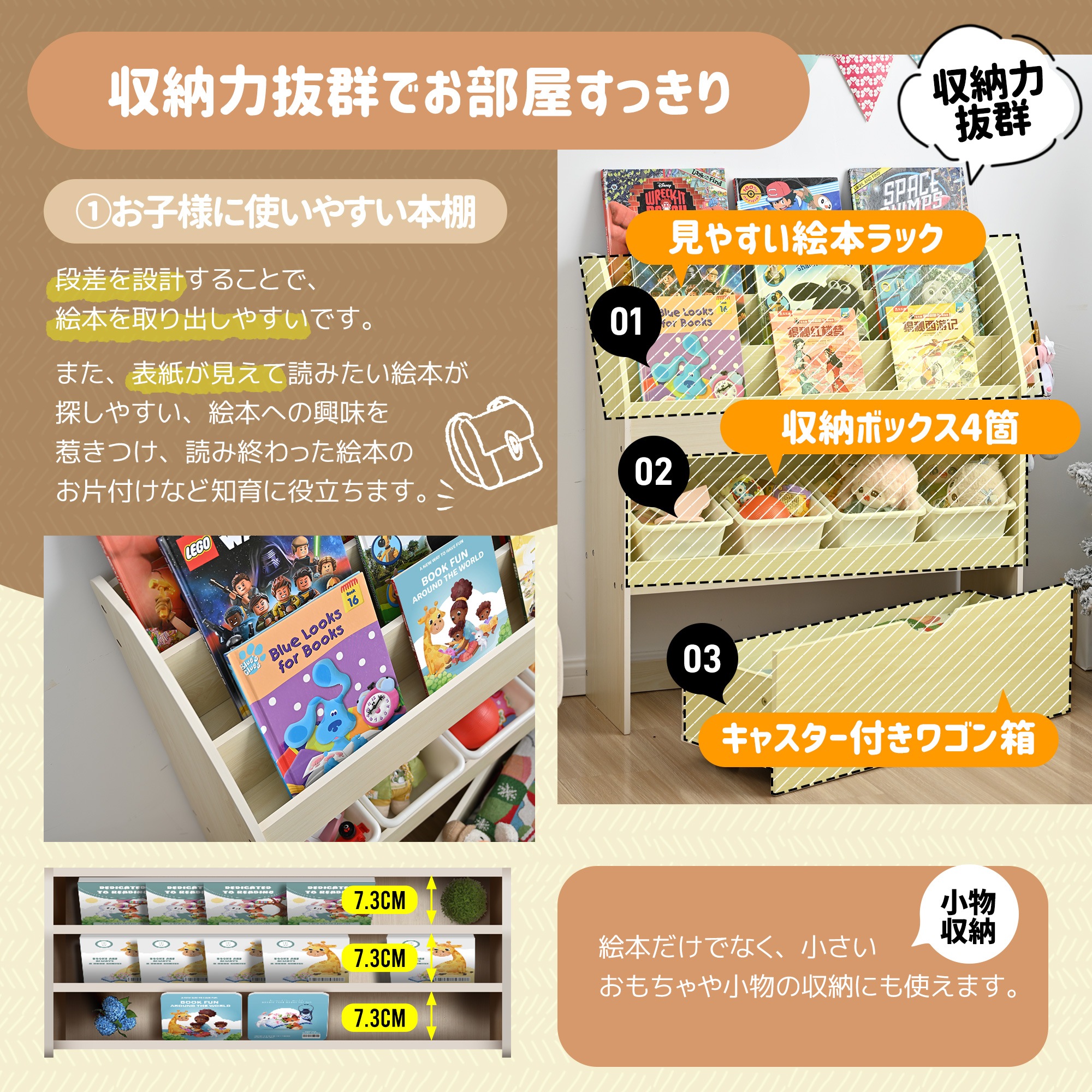 絵本ラック 収納ラック 収納ボックス 収納棚 キャスター付き 子供用シェルフ 収納ケース 子ども用 家具 木製 大容量 おもちゃ箱