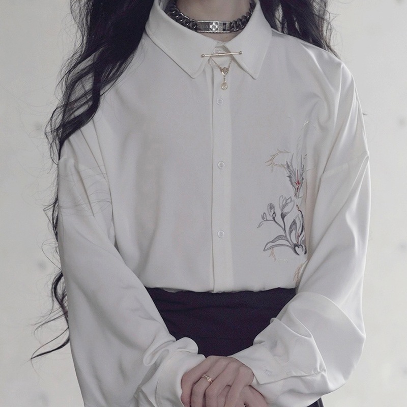 チャイナ風シャツ レディース 刺繍トップス メンズ ブラウス オリジナル 黒/白 男女兼用 龍紋