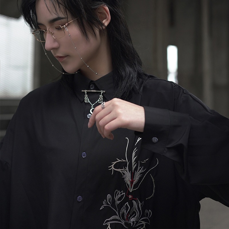 チャイナ風シャツ レディース 刺繍トップス メンズ ブラウス オリジナル 黒/白 男女兼用 龍紋