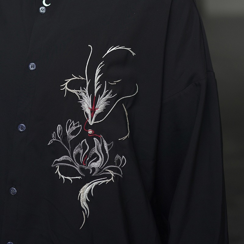 チャイナ風シャツ レディース 刺繍トップス メンズ ブラウス オリジナル 黒/白 男女兼用 龍紋