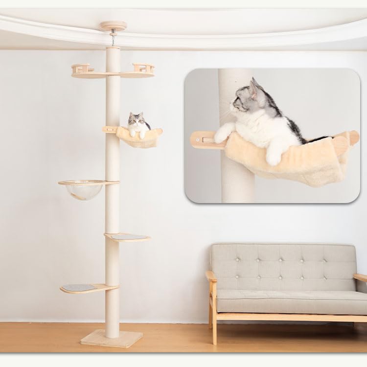 PETTIFUL キャットタワー 突っ張り 木製 大型猫 コットン紐 スリム 木登り 多頭飼い キャットツリー シニア 据え置き 太い支柱 猫タワー 中型 猫キャットタワー おしゃれ コンパクト 省ス