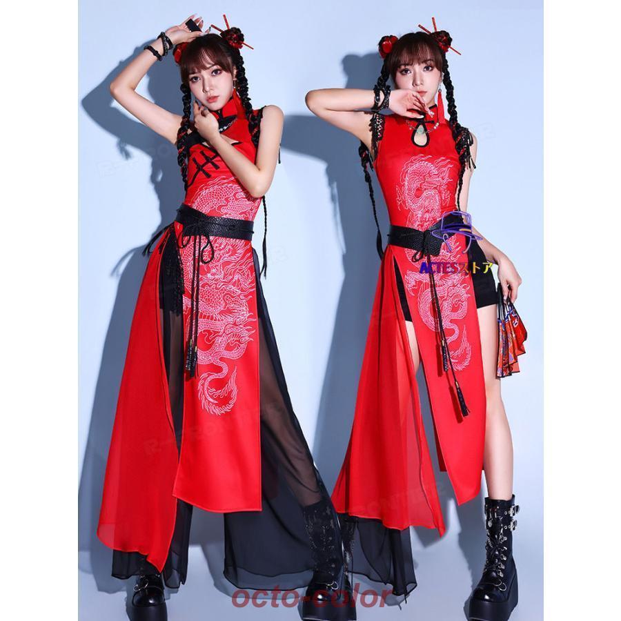 赤 中華風 チャイナドレス ダンス衣装 セットアップ レディース k-pop 衣装 大人 ダンス衣装 ワンピース スカート ジャズダンス 演出服 ダンスセット 韓国 アイ