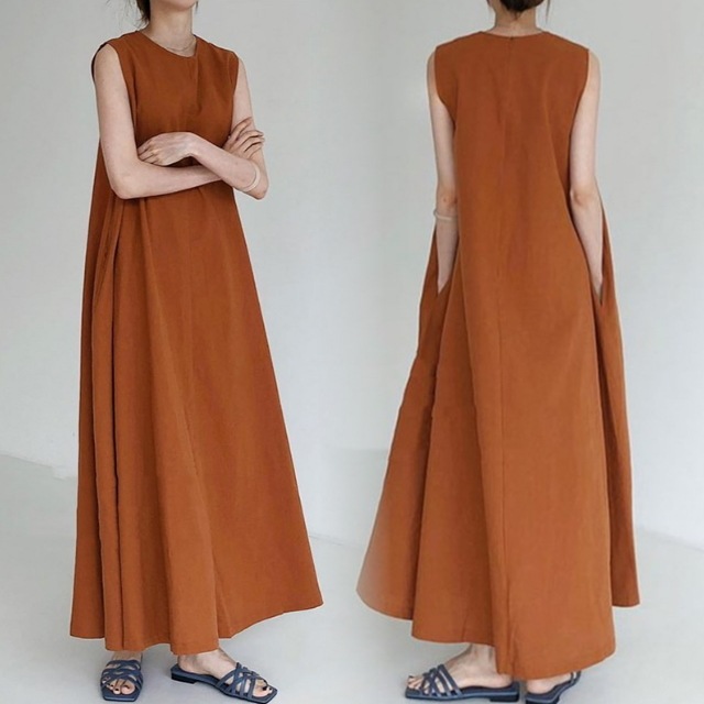 マキシワンピース レディース 大きいサイズ ノースリーブ ワンピース Aライン フレア ロングワンピース ポケット 丸首 オレンジ ベージュ マキシワンピース レディース 大きいサイズ ノースリーブ ワンピース Aライン フレア ロングワンピース ポケット 丸首 オレンジ ベージュ