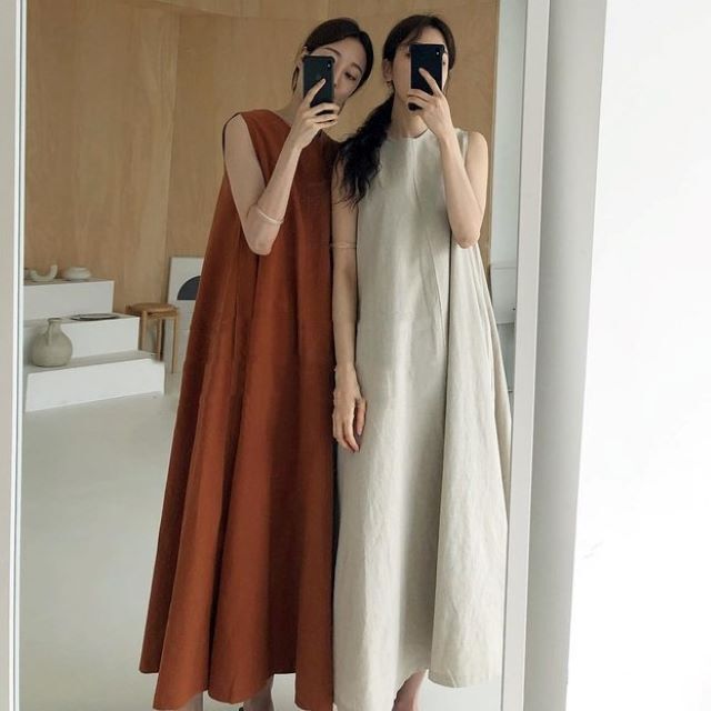 マキシワンピース レディース 大きいサイズ ノースリーブ ワンピース Aライン フレア ロングワンピース ポケット 丸首 オレンジ ベージュ マキシワンピース レディース 大きいサイズ ノースリーブ ワンピース Aライン フレア ロングワンピース ポケット 丸首 オレンジ ベージュ