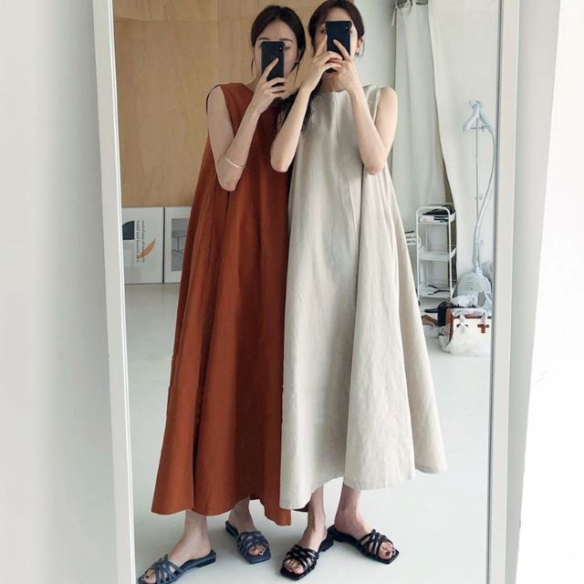 マキシワンピース レディース 大きいサイズ ノースリーブ ワンピース Aライン フレア ロングワンピース ポケット 丸首 オレンジ ベージュ マキシワンピース レディース 大きいサイズ ノースリーブ ワンピース Aライン フレア ロングワンピース ポケット 丸首 オレンジ ベージュ